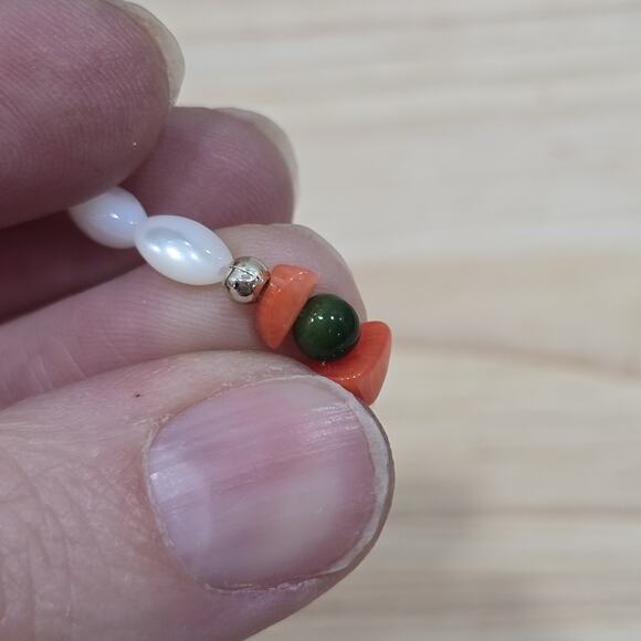 Jade Beads Coral Chips Mother of Pearl Rice Beads 18" Beaded Necklace - Picture 12 of 15